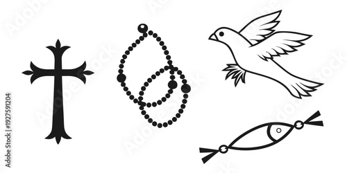Religious symbols and objects including a cross, rosary, dove, and fish Vector