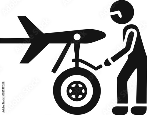 Experienced Aviation Maintenance Technician Conducting Preflight Inspection on Airplane Landing Gear System