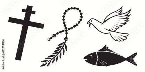 Religious symbols including cross, dove, fish, and palm branch Vector