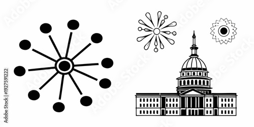 A collection of geometric shapes and architectural structures in black and white Vector