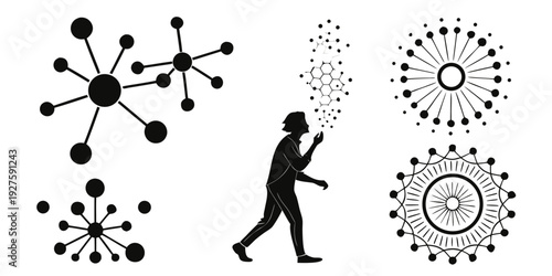 Person walking amidst interconnected nodes and intricate geometric patterns. Vector