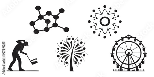 A collection of diverse symbols representing science, nature, and leisure activities. Vector