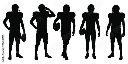 Silhouette Collection Of American Football Players In Various Poses On White Background sport athlete