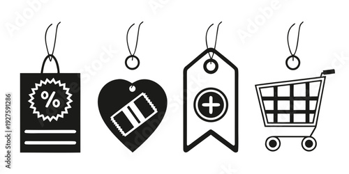 A collection of black and white icons representing various sales and discounts. Vector