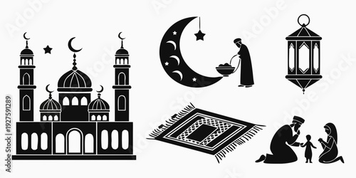 Islamic symbols and objects representing faith and prayer Vector