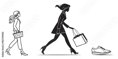 Three women walking in a row with bags and shoes in hand Vector