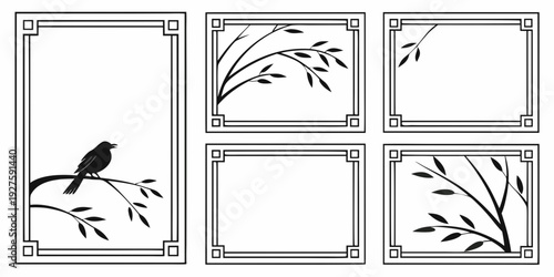 A collection of birdhouse designs with various nature-themed illustrations. Vector