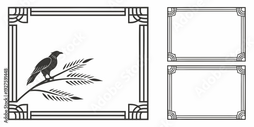 A black and white illustration of a bird perched on a branch with two blank cards Vector