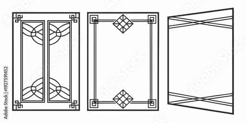 Three vintage window designs showcasing intricate geometric patterns and decorative elements Vector