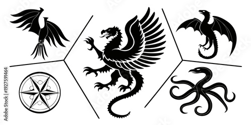 A collection of intricate and stylized animal illustrations including a dragon, a phoenix, and a griffin Vector