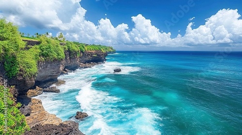 Serene Coastal Cliffs of Bali: Turquoise Waters and Lush Greenery