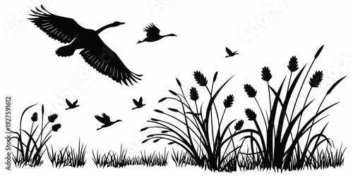 A flock of birds flying over a field of tall grass and wildflowers Vector