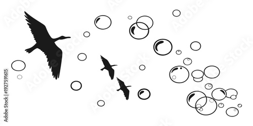 Two birds flying over a body of water with bubbles around them Vector