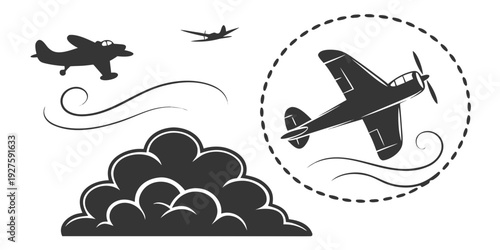 A vintage airplane soars above a cloudy sky with other aircraft in the background. Vector