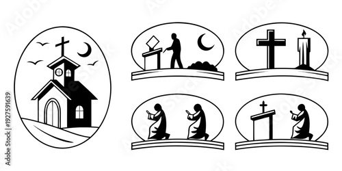 Illustrations of church architecture and religious figures in various poses Vector