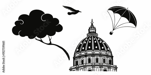 A whimsical illustration of a building with a dome, surrounded by flying objects. Vector