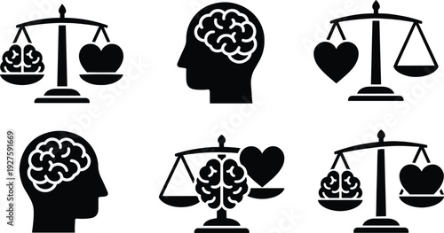 Black and white of human heads and scales balancing hearts and brains