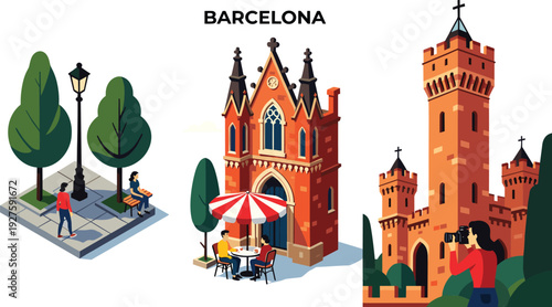 Barcelona cityscape with church and park scenes people