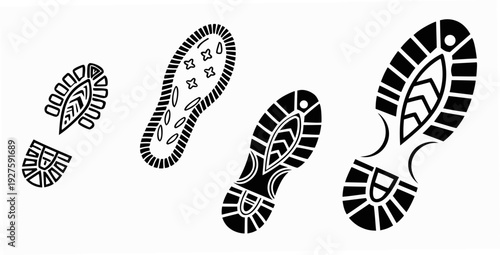 Footprints in the sand showing different types of shoes and a bare foot Vector