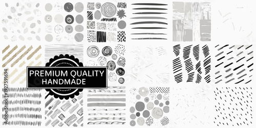Abstract collection of hand drawn shapes lines and textures in grayscale