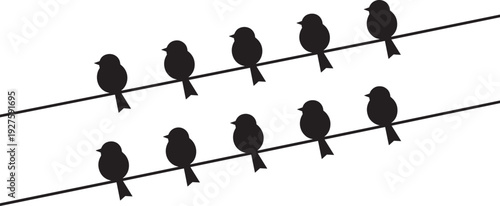 Bird silhouettes sitting on wire, minimalist sparrow flock vector illustration isolated black design