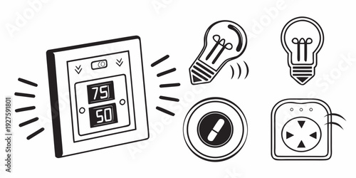 Smart home devices including a thermostat, lightbulb, alarm clock, and speaker Vector