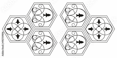 Hexagonal diagrams with arrows and dots representing a network or system. Vector