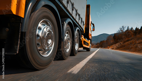 Authentic shot of spinning tires of semi trailer truck driving along a countryside road, closeup shot