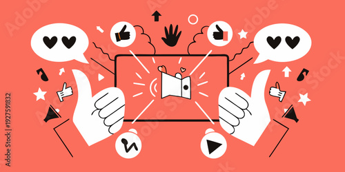 Social media interaction concept featuring a phone and hand gestures