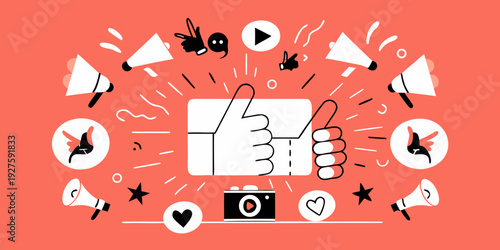 Social media icons and elements arranged on a coral background