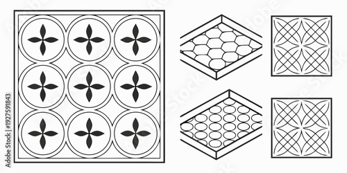 A collection of geometric patterns featuring squares, crosses, and diamonds in various arrangements Vector