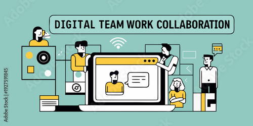 Illustration depicting digital teamwork and online collaboration among diverse people