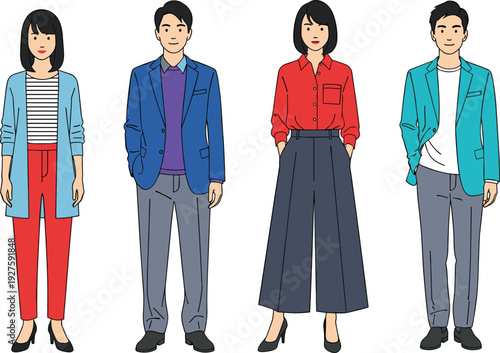 Diverse faceless people in smart casual outfits, colorful blazers shirts trousers wide pants cardigans, blank faces, modern flat vector illustration standing.