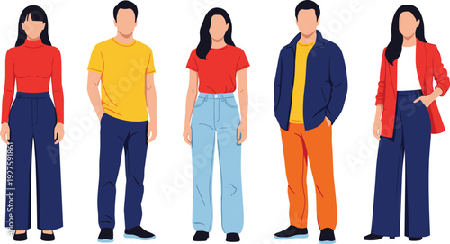 Diverse faceless people in colorful casual fashion, wide leg pants blazers turtlenecks tees jackets, vibrant modern style, blank faces flat vector illustration standing.