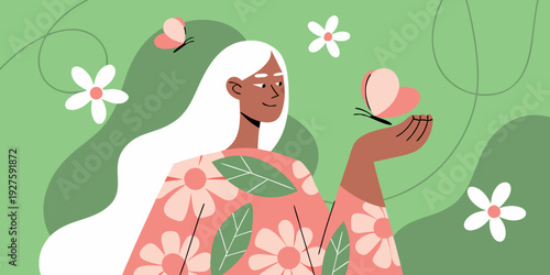 A woman with long white hair interacts with butterflies and flowers