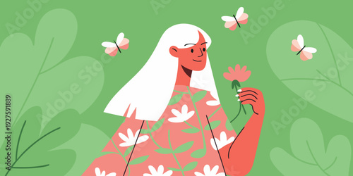 A serene woman with long white hair holds a flower in nature