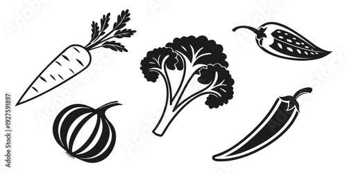 A delightful assortment of vegetables including a carrot, onion, broccoli, pepper, and pea Vector