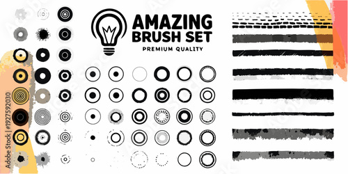 Collection of diverse brush strokes circles and a lightbulb graphic