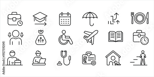 Collection of Business and Life Icons with Line Art Style briefcase clock