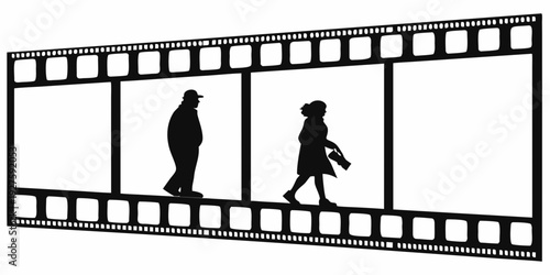 Silhouettes of people walking along a film strip against a white background Vector