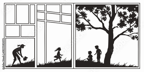 A family of four enjoying a day out in the park with their dog Vector