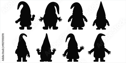Set of eight black silhouette garden gnomes with pointed hats on white Keywords: gnome, gnomes, garden gnome, dwarf, fantasy