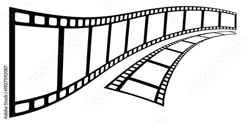 A black and white illustration of a film strip curving through the air Vector