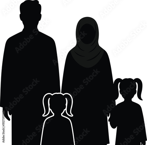 Black silhouette of family with two children and woman wearing hijab white background