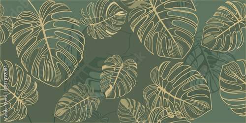 Elegant monstera leaf pattern on a muted olive green background