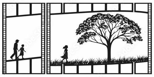 A family of three walking towards a large tree in a serene park setting. Vector