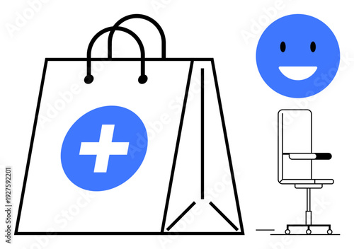 E-commerce healthcare, workspace ergonomics, online shopping, modern design, telemedicine, medical supplies. Shopping bag with cross, happy face icon office chair. E-commerce healthcare