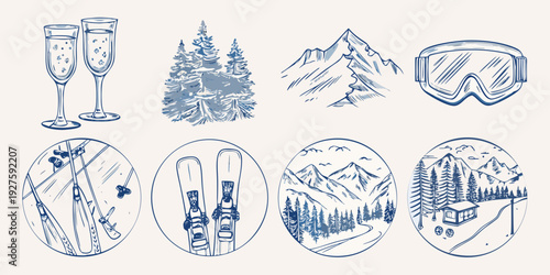 Winter holiday elements champagne mountains and skiing equipment sketch