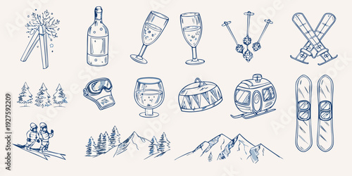 Winter sports and celebratory elements in a hand drawn sketch style