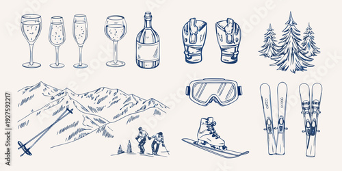 Winter sports and celebratory drinks sketched in a blue line art style